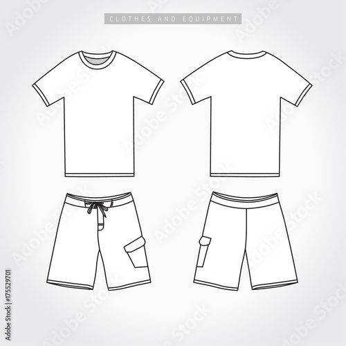 T-shirt & shorts active sport line template. Front and back side views of blank t-shirt and shorts. Vector illustration