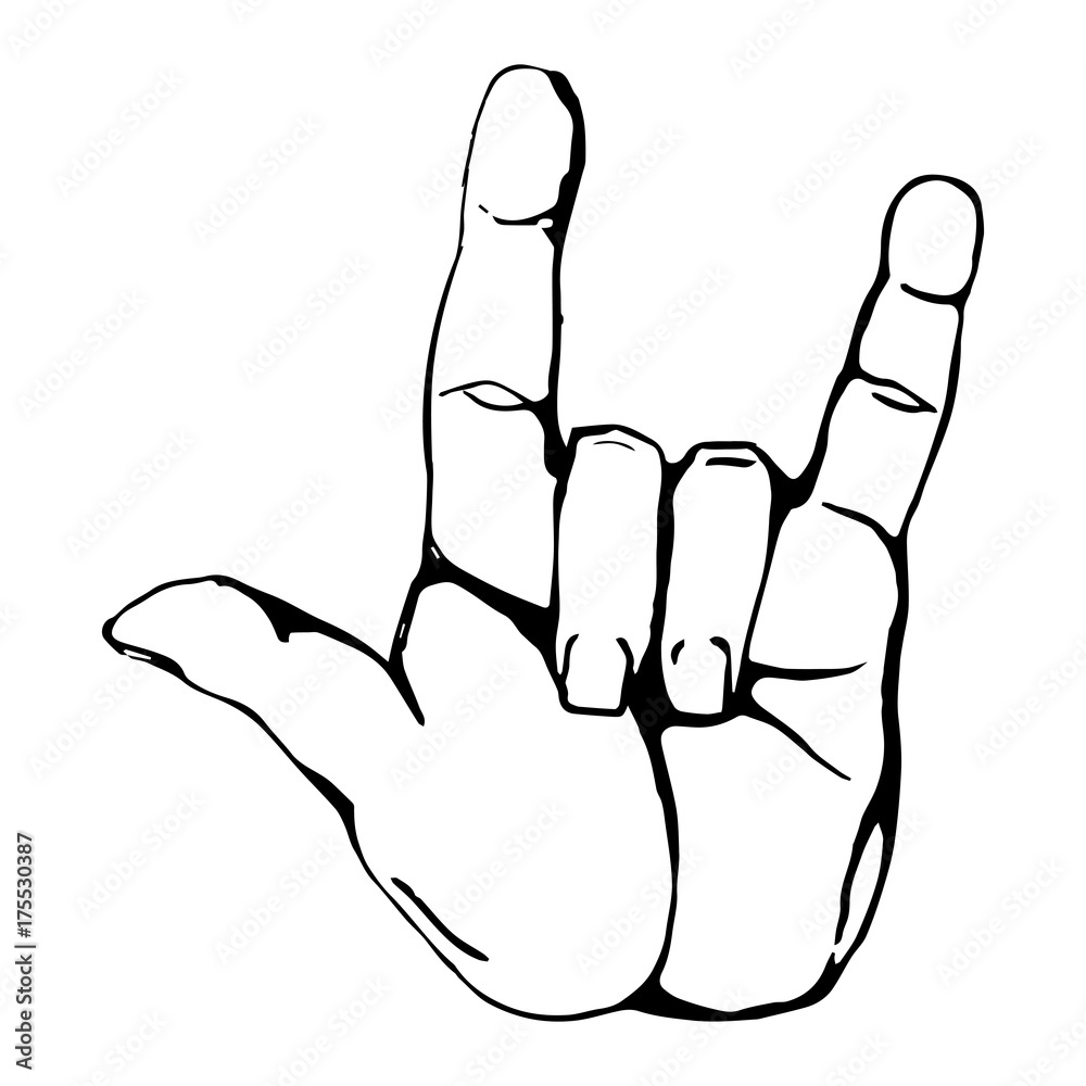 Black outline realistic rock n roll hand gesture icon graphic