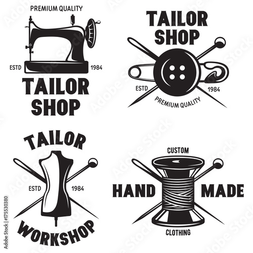 Set of vintage tailor labels, emblems and designed elements. Tailor shop theme.