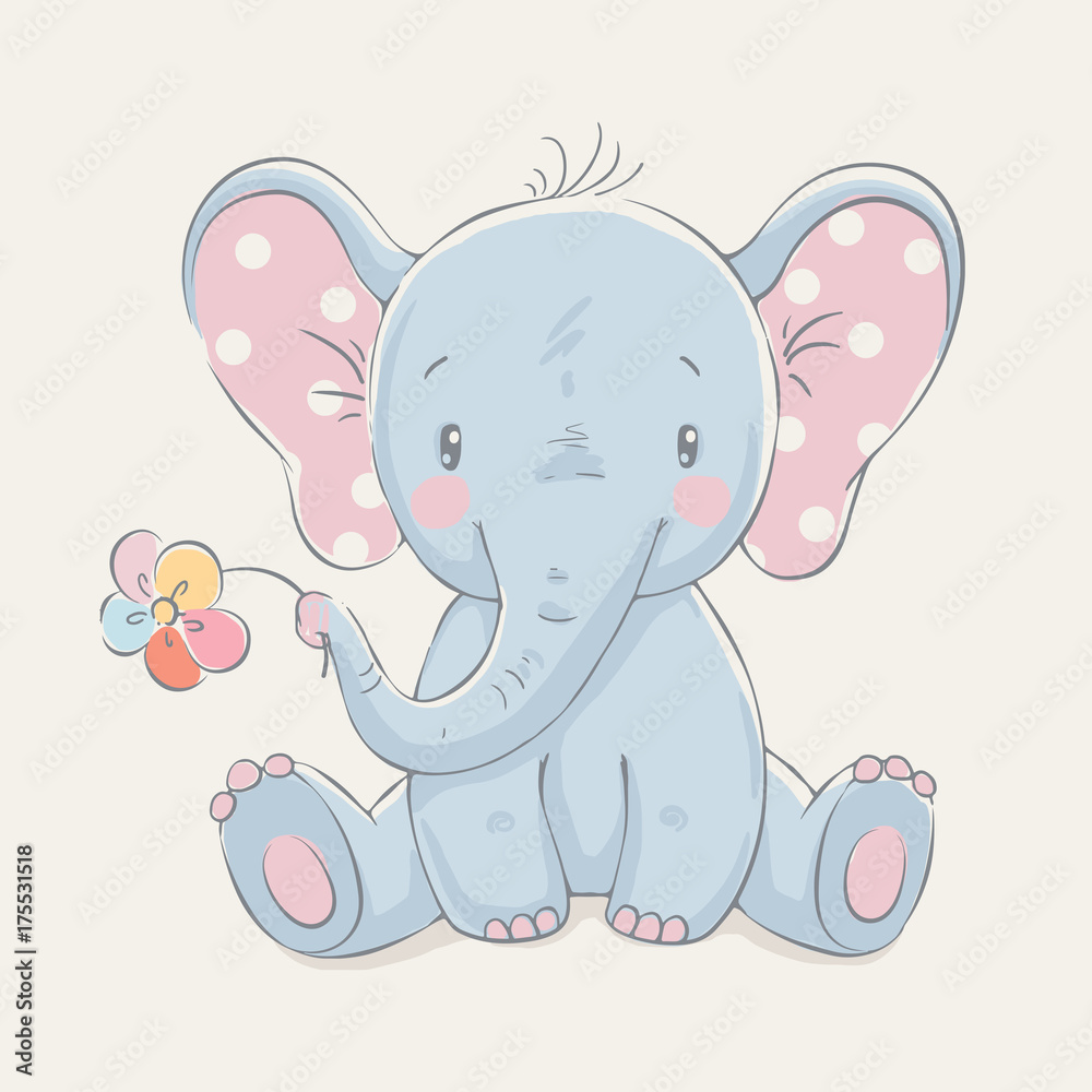 Naklejka premium Słodki słoń z kwiatem kreskówka ręcznie rysowane ilustracji wektorowych. Może być stosowany do nadruku na koszulce dla dzieci, projektowania modowego nadruku, odzieży dziecięcej, powitania z okazji urodzin baby shower i karty z zaproszeniem.