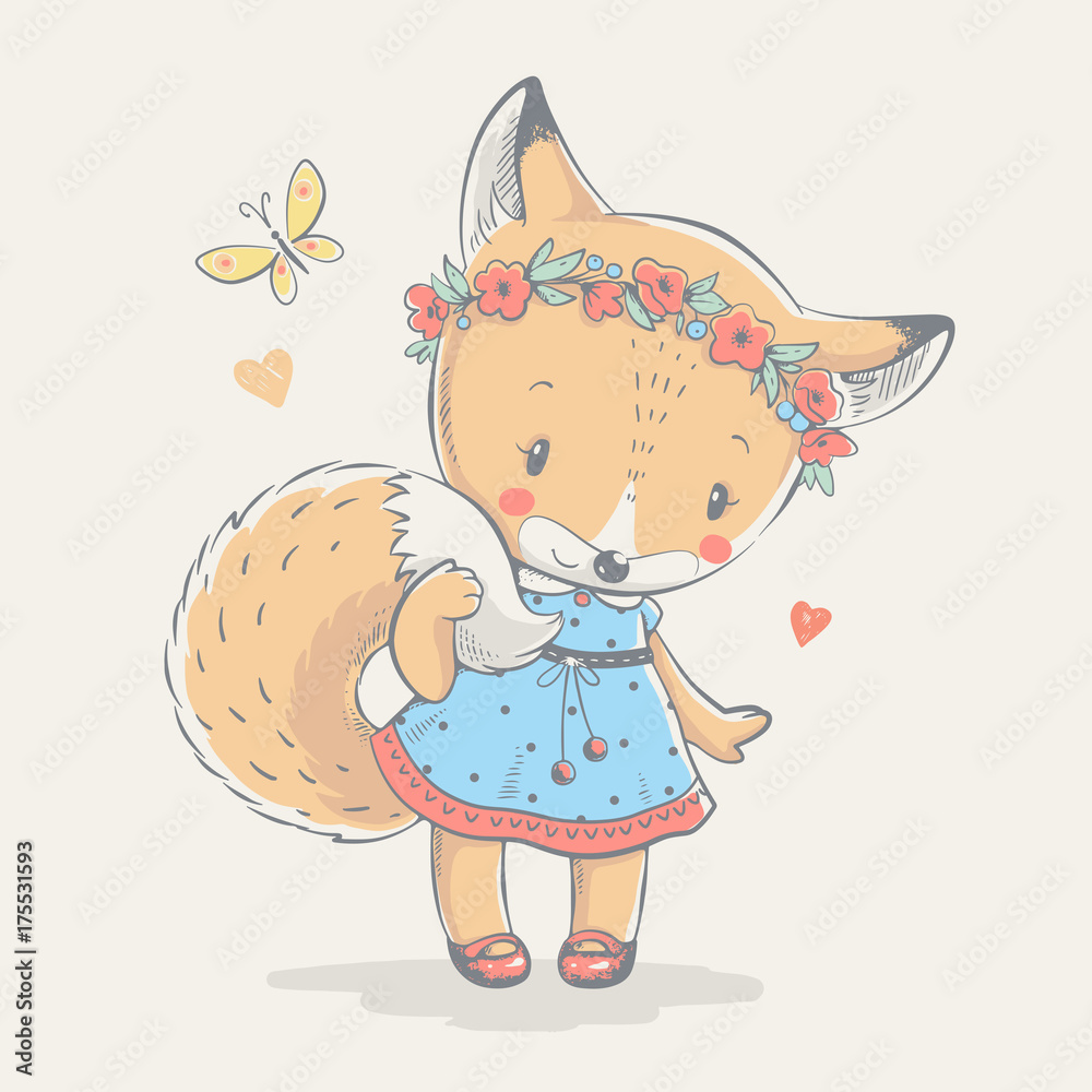 Cute little red fox in blue dress cartoon hand drawn vector illustration. Can be used for baby t-shirt print, fashion print design, kids wear, shower celebration greeting and invitation card.