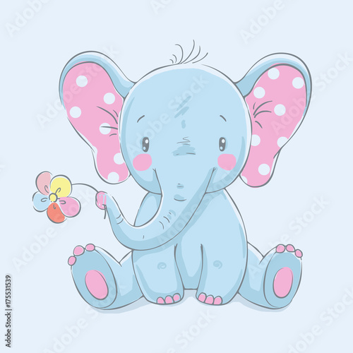 Cute elephant with a flower cartoon hand drawn vector illustration. Can be used for baby t-shirt print  fashion print design  kids wear  baby shower celebration greeting and invitation card.