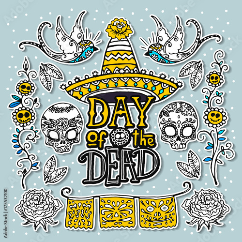 Dia de los Muertos or Day of the Dead design template. Hand sketched elements.