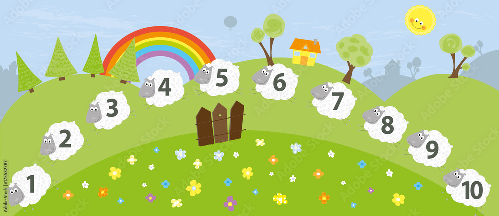 sheep and numbers 1 - 10 / educational vector illustration for children