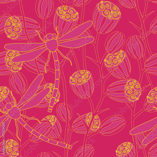 Seamless pattern with flowers and dragonflies. Vector illustration.