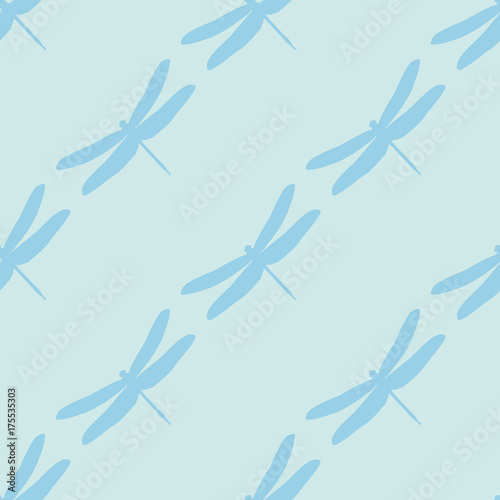 Seamless hand drawn vintage pattern with dragonflies. Light blue silhouettes of dragonflies on a pastel blue background. Light illustration in vintage or Japanese style