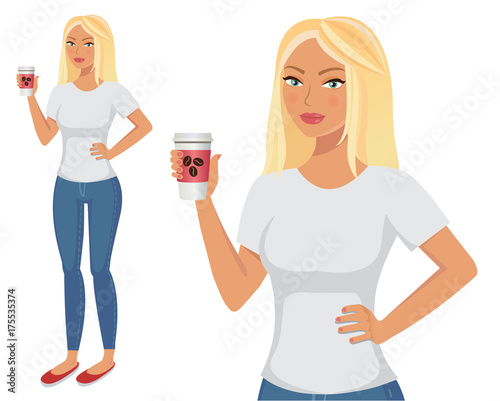Young attractive blonde tanned woman character in white t-shirt and jeans with carton glass of coffee. Vector illustration