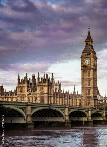 Big Ben and Westminster bridge in London  UK. Vintage picture.