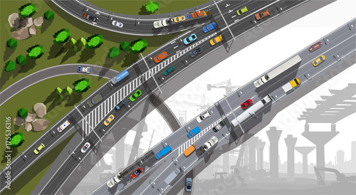 City bridge under construction and top view city map