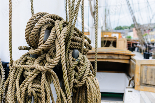 Rope rigging on the deck of the Dunbrody Famine Ship, New Ross, County Wexford