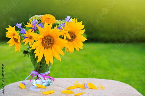 Yellow sunflowers . Holiday card.