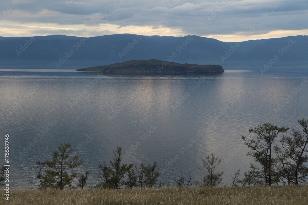 an evening view of Baikal lake and surrounding mountains; Olkhon island, Russia
