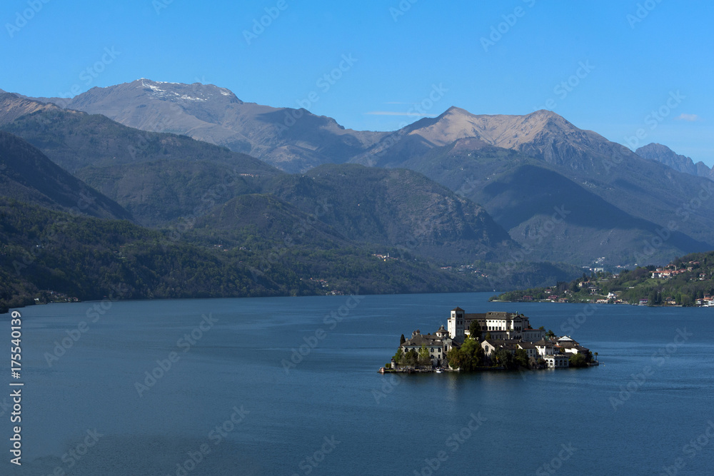 A panoramic view of Orta lake with island of San Giulio in northern Italy.