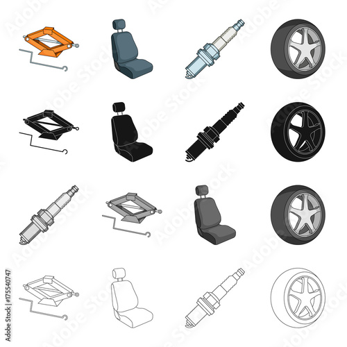 A jack and a wheel key, a car seat, an electric candle, an automobile wheel. Car and accessories set collection icons in cartoon black monochrome outline style vector symbol stock Isometric