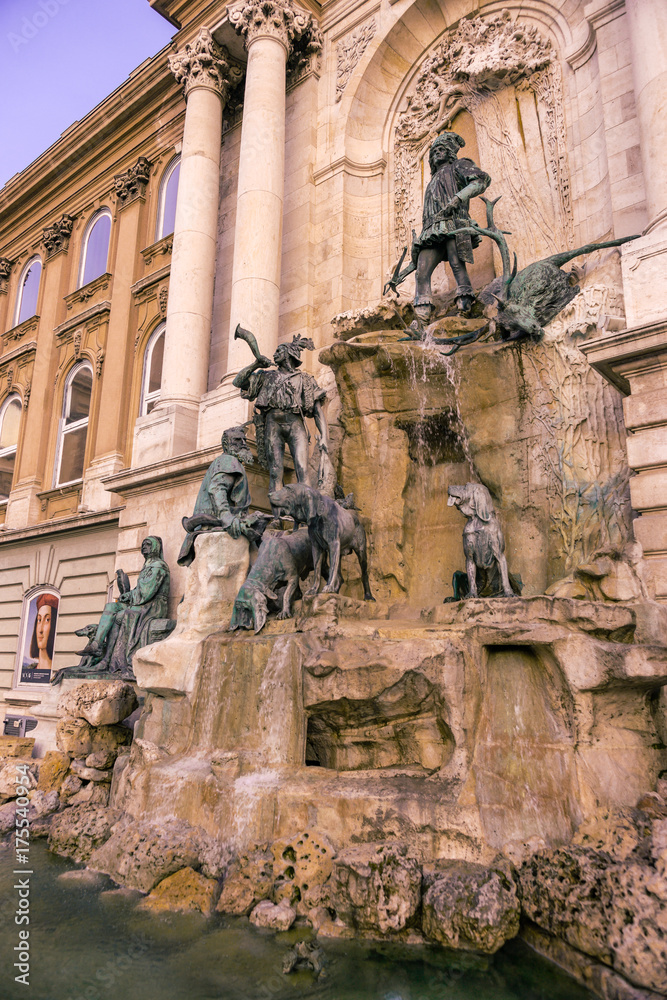Matthias Fountain, a monumental fountain group in the western forecourt of Buda Castle, Budapest, Hungary, Europe