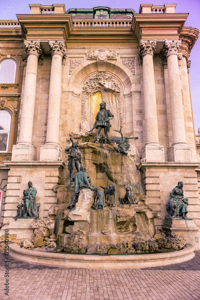 Matthias Fountain, a monumental fountain group in the western forecourt of Buda Castle, Budapest, Hungary, Europe