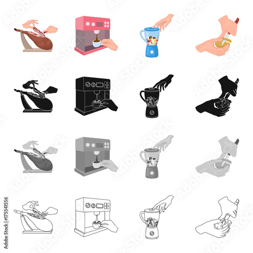 Cutting hams, making coffee, blending food, cleaning potatoes. Cooking food set collection icons in cartoon black monochrome outline style vector symbol stock isometric illustration web.