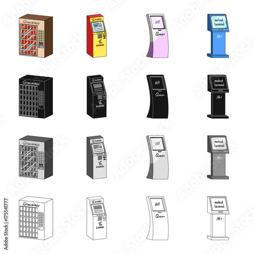 The device for passage, the machine of medicines, the ticket terminal, the automatic machine of chocolate. Different kinds of the terminal set collection icons in cartoon black monochrome outline