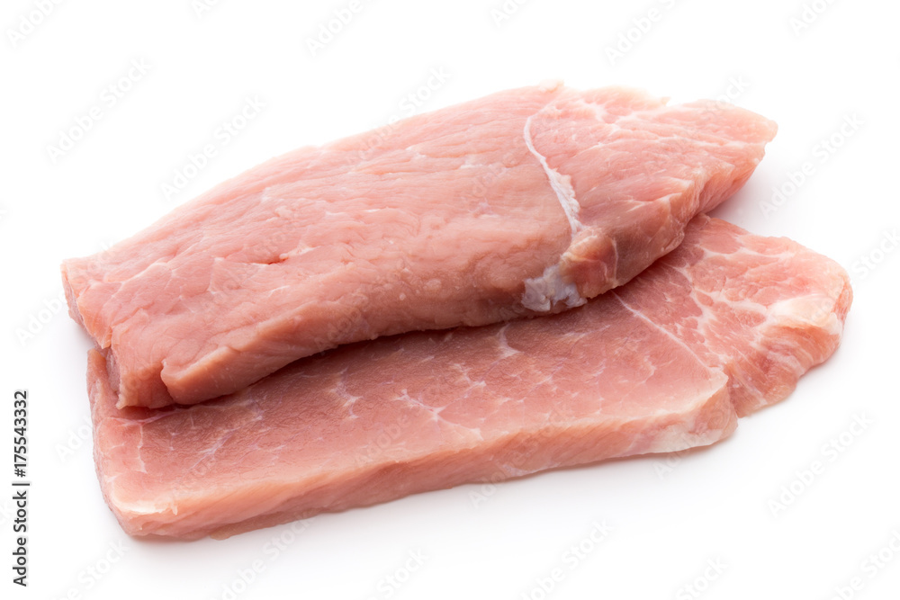 Fresh pork fillet with basil on a white background.