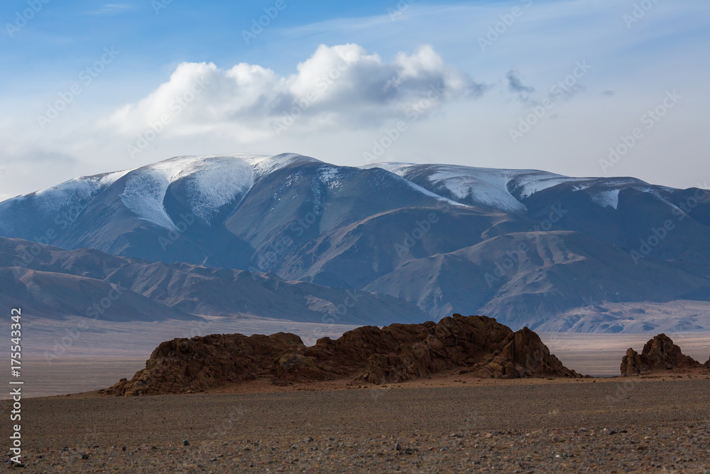 Landscape of the steppe and mountains in Western Mongolia.