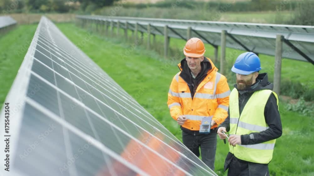 Technicians checking the panels at solar energy installation Technicians checking the panels at solar energy installation