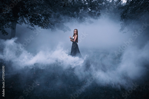 The dark queen of elves walks in a misty forest. A creative image, an unusual black dress. Artistic toning.