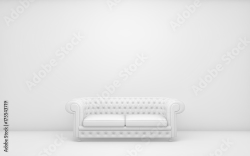 White light room with sofa and empty background wall. 3d render