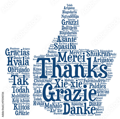 Words cloud concept of thanks, thumb up shape.