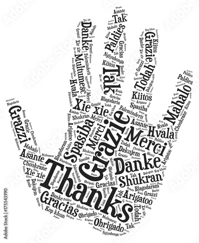 Words cloud concept of thanks, hand shape.