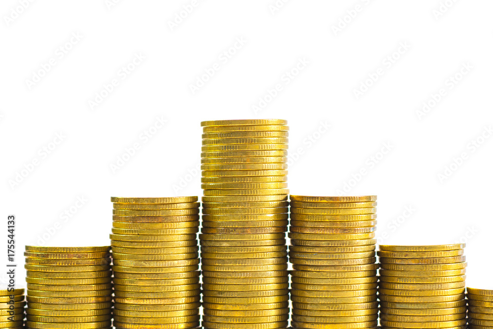 Increasing columns of coins, piles of gold coins arranged as a graph isolated on white background Increasing columns of coins, piles of gold coins arranged as a graph isolated on white background
