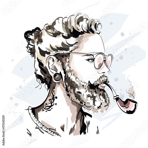 Stylish handsome man with beard and pipe. Fashion man in sunglasses. Cool hand drawn hipster portrait. Sketch.