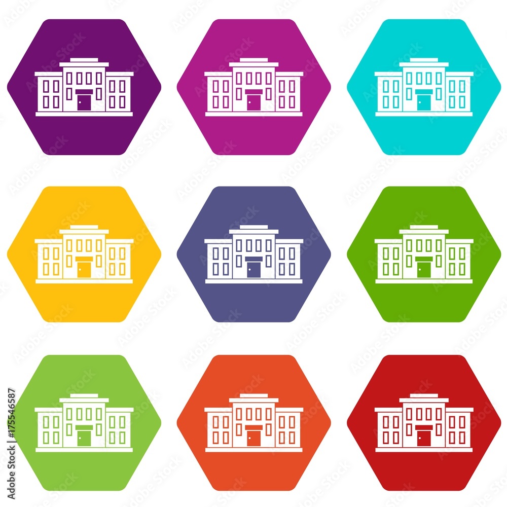 School building icon set color hexahedron School building icon set color hexahedron