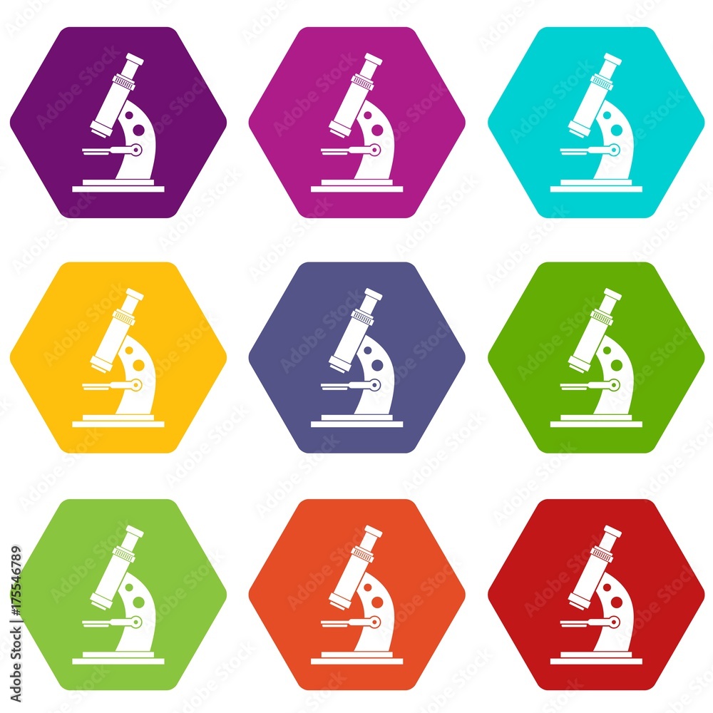 Microscope icon set color hexahedron Microscope icon set color hexahedron