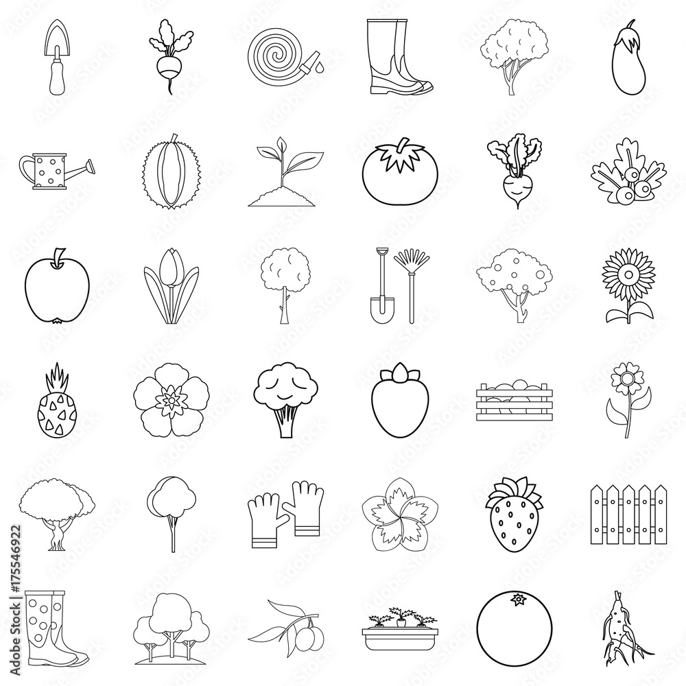 Garden icons set, outline style