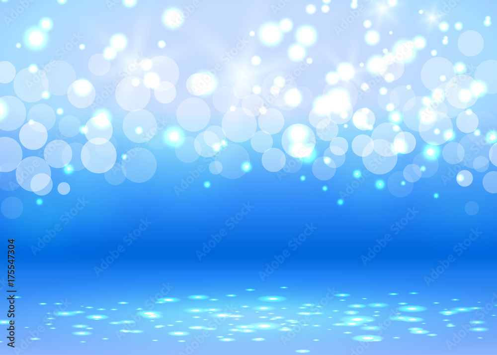 Abstract bokeh light blue background with white decoration elements. Vector illustration