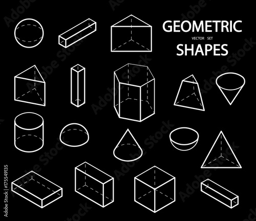 Set of 3D geometric shapes. Isometric views. The science of geometry and math. Linear objects isolated on white background. Outline. Vector illustration