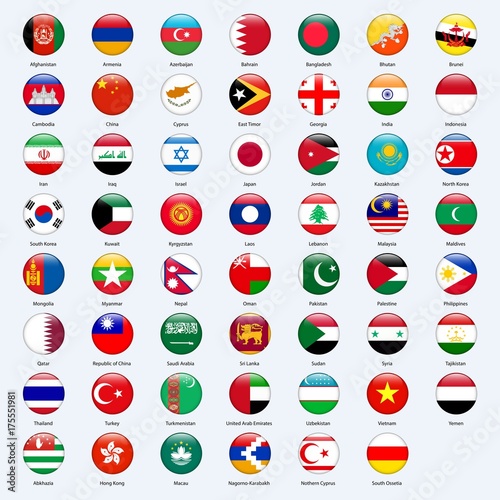 All flags of the countries of the Asia. Round glossy style.