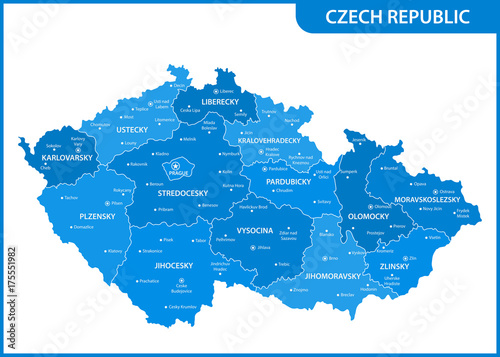 The detailed map of the Czech Republic with regions or states and cities, capitals