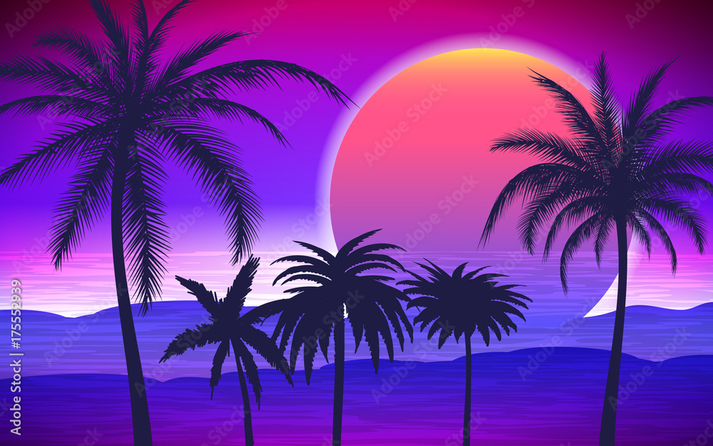 Silhouette of palm trees on the tropical sunrise, vector illustration