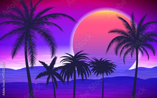 Silhouette of palm trees on the tropical sunrise, vector illustration