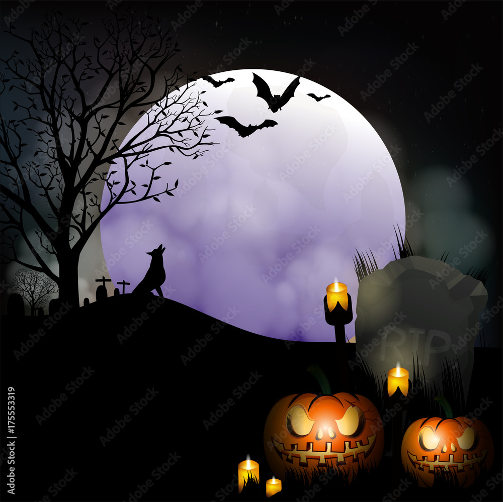 Halloween pumpkins, gravestone, bat, candle and wolf on full Moon background, vector and illustration.