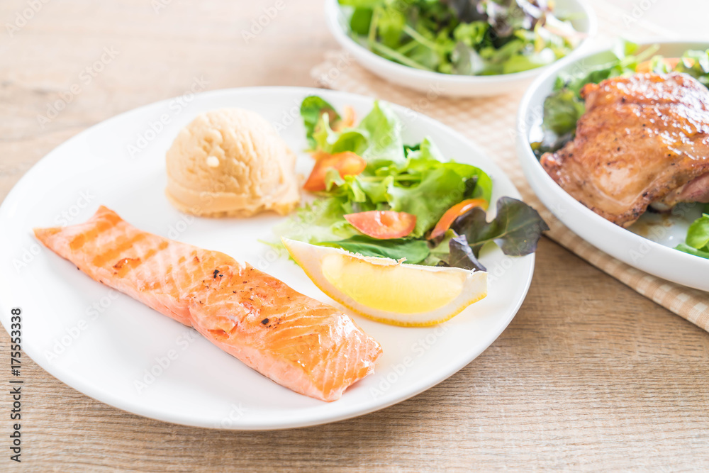 grilled salmon steak with mash potato and vegetable grilled salmon steak with mash potato and vegetable