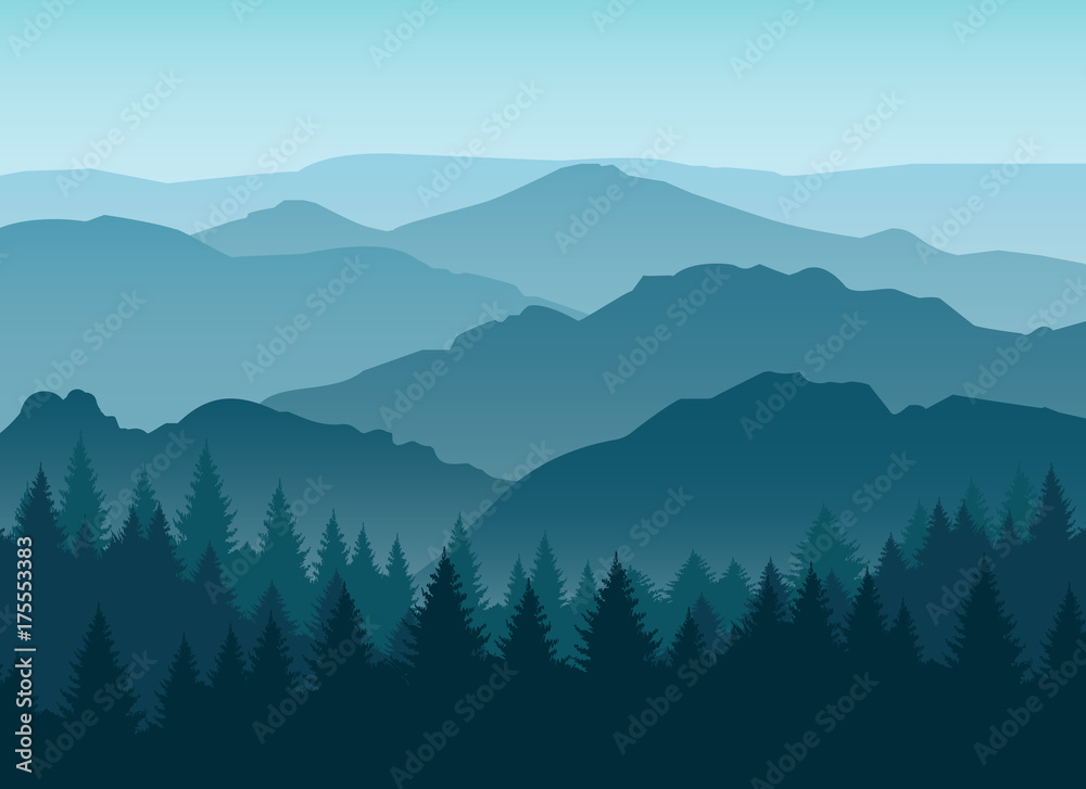 Vector misty or smokey blue mountain silhouettes background. Morning layered mountains with mist