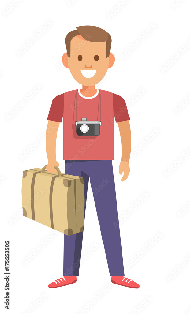 Man with camera that hangs on neck and vintage suitcase Man with camera that hangs on neck and vintage suitcase