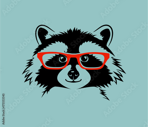 funny cute vector illustration of a raccoon wearing eyeglasses. For kids, t-shirt, poster, print design