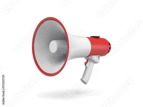 3d rendering of a single red and white megaphone isolated on white background.