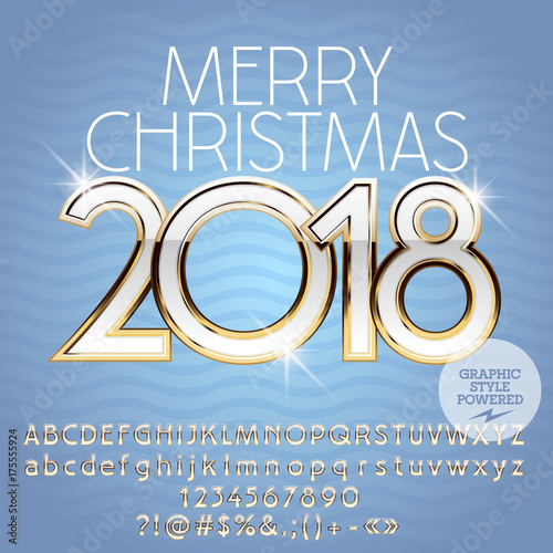 Vector Merry Christmas Greeting Card with sparkling Gold and White Font. Luxury Alphabet contains Graphic Style