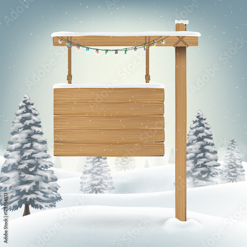 christmas hang wood board sign in snow forest