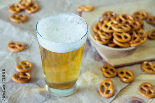 Beer and pretzels on the table. Octoberfest theme