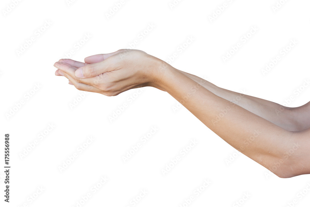 Man hand gesture holding something like a sand, soil, coins isolated on white background with clipping path. Man hand gesture holding something like a sand, soil, coins isolated on white background with clipping path.